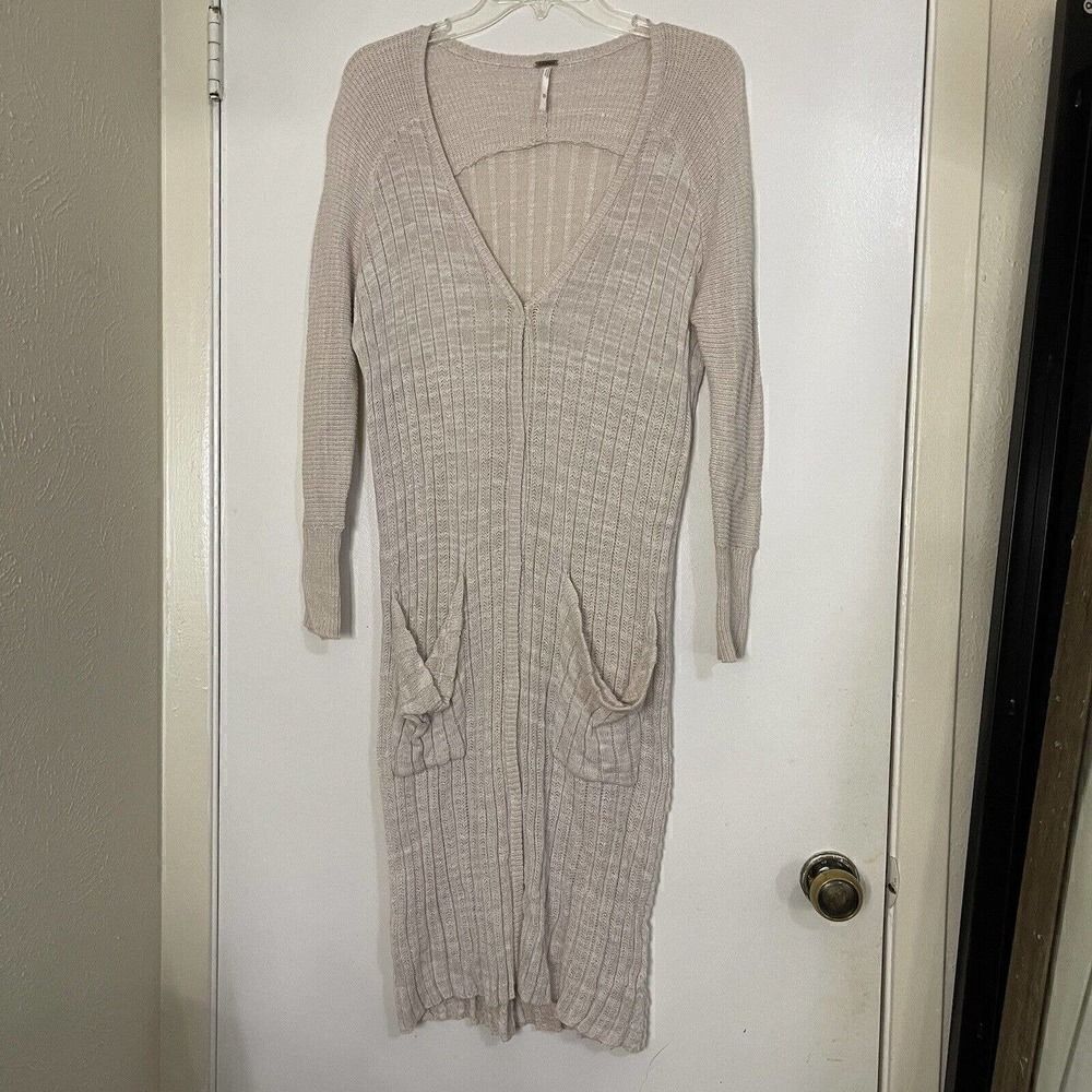 FREE PEOPLE tan knit long lightweight ribbed duster cardigan sweater size XS